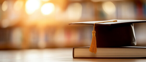 A graduation cap sits atop a book, symbolizing education and achievement in a warm and inviting library setting.