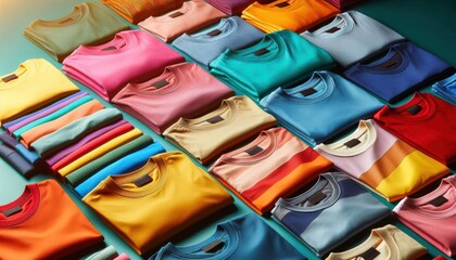 lineup of colorful t-shirts, minimalist design, vivid colors, neatly arranged, various shades of blue, yellow, red, and green, soft fabric texture, white background, high-detail photography, product s