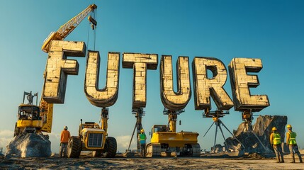 Construction workers using cranes and machinery to assemble large letters spelling out FUTURE under a clear blue sky