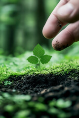 A hand gently nurtures a small green plant emerging from rich soil, symbolizing growth and care in nature.