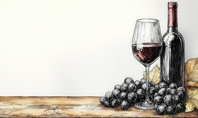 A simple line drawing of a wine bottle, glass, and grapes on the right side of a white background with clear blank space for text. 