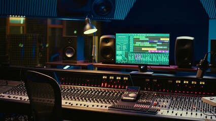Leinwandbilder - Music recording studio control room with daw software used to mix and master audio tracks, empty soundproof professional space. Modern sliders on control panel board to edit sound waves.