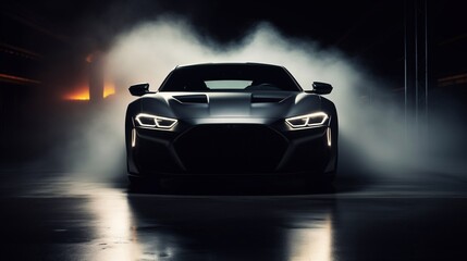 Sport exotic car front view on dark background with smoke. Generative ai