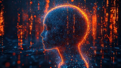 human head made up with glowing digital data and cyber technology background