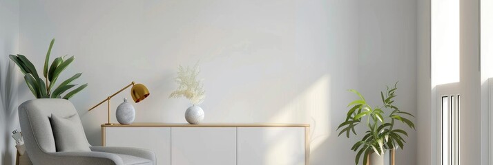 Wall Mural - Flowers on a cabinet next to a golden lamp and grey chair in a white interior featuring a potted plant.