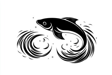 Canvas Print - Black and White Illustration of a Fish Jumping Out of Water