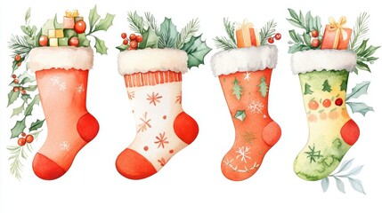 Sticker - Set of Christmas watercolor elements on white background