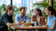 © chris3d - Four friends are gathered around a table at an outdoor pub, smiling and laughing as they enjoy drinks and food. The background shows a cityscape with lush greenery - Generative AI