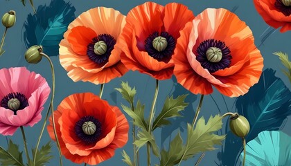 Wall Mural - Red Poppy Flowers Digital Painting Beautiful Abstract Floral Background Graphic Design