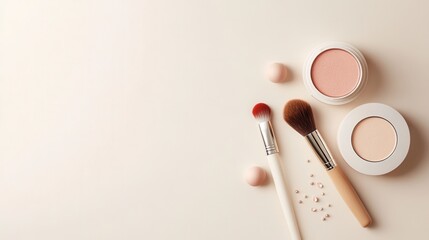 Cosmetic products are neatly arranged on a light background, featuring lipstick, makeup brushes, and loose powder for a stylish look. Generative AI