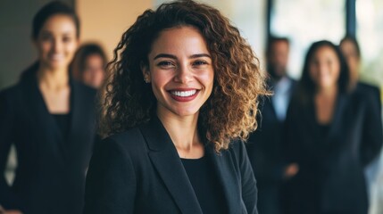 Beaming businesswoman with her office team.