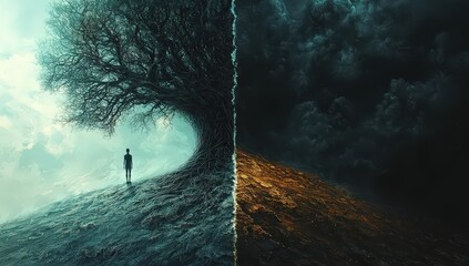 Wall Mural - A person on the edge of two sides, one side with tangled threads representing emotional anxiety and complexity, while the other half is clear and straight lines symbolizing clarity in mental health