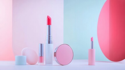 Poster - A stylish display of essential cosmetic products, including lipstick and brushes, arranged on a soft, light-colored background. Generative AI