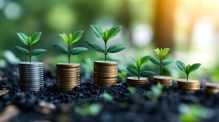 Five saplings growing from stacked coins in fertile soil.