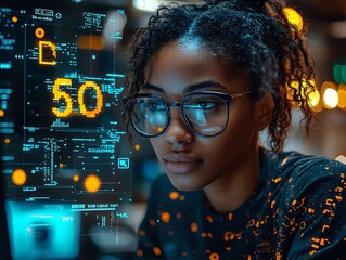  Inclusive image of a of a black IT school student studying at computer learning digital code online software ai cyber security threats. Artificial intelligence cyberspace data coding education 