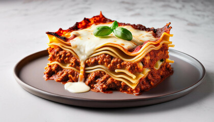 A serving of lasagna with layered pasta, rich meat sauce, and melted cheese, topped with fresh basil, served on a dark plate, with some cheese melting on the side.