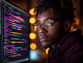  Inclusive image of a of a black IT school student studying at computer learning digital code online software ai cyber security threats. Artificial intelligence cyberspace data coding education 