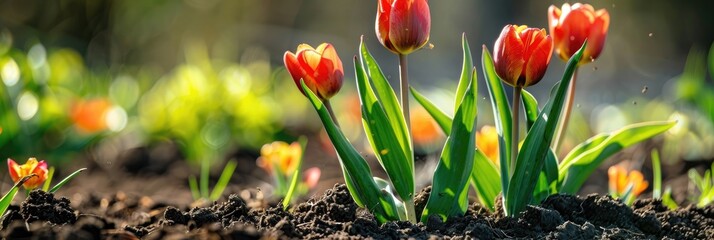 Canvas Print - Sprouting Plants in Flower Bed with Details of Tulips in Soil