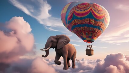 Wall Mural - elephant floating under vibrant air balloon in dreamy sky