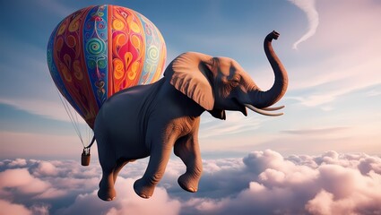 Wall Mural - elephant floating under vibrant air balloon in dreamy sky