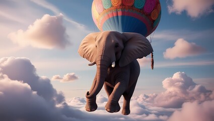 Wall Mural - elephant floating under vibrant air balloon in dreamy sky