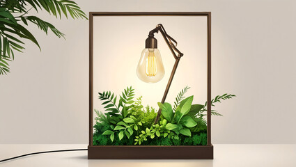 features an illustration of a lamp in the center combined with a harmonious mix of natural elements, such as lush green leaves