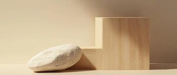 Minimalist composition of two wooden blocks of different sizes and shapes with a carved rock on the bottom left, set against a beige background, creating a simple and elegant atmosphere.