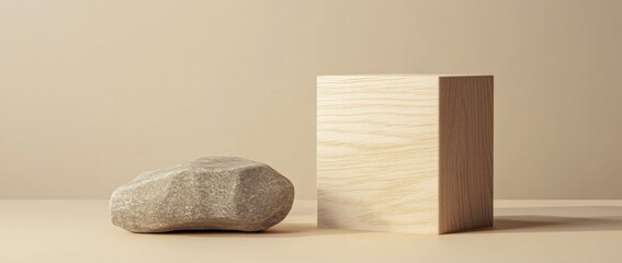 Minimalist composition of two wooden blocks of different sizes and shapes with a carved rock on the bottom left, set against a beige background, creating a simple and elegant atmosphere.