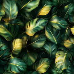 Sticker - Seamless lush green tropical leaves pattern with golden highlights, realistic style. Generative ai