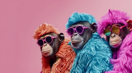 Canvas Print - Three colorful monkeys wearing sunglasses and vibrant fur coats against a pink background.