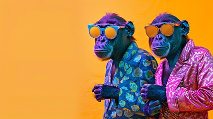 Wall Mural - Two stylized monkeys wearing sunglasses and colorful outfits against a vibrant orange background.