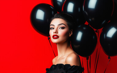 A stylish woman in black with red lips, holding black balloons against a bold red background, capturing a glamorous and edgy vibe