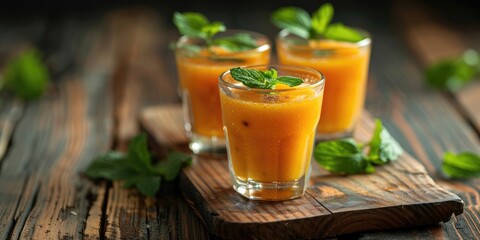 Sticker - Seasonal vegetable orange cream soup served in glasses on wooden table