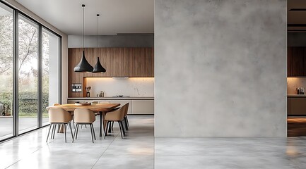 Wall Mural -  Stone house kitchen interior with cooking cabinet, dining table near window 