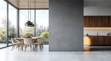 Canvas Print -  Stone house kitchen interior with cooking cabinet, dining table near window 