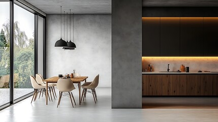 Canvas Print -  Stone house kitchen interior with cooking cabinet, dining table near window 