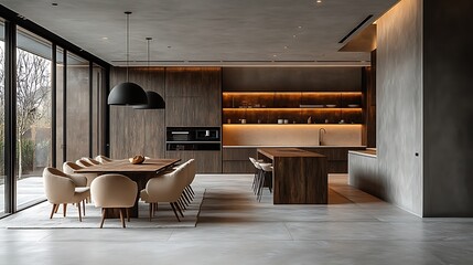 Wall Mural -  Stone house kitchen interior with cooking cabinet, dining table near window 