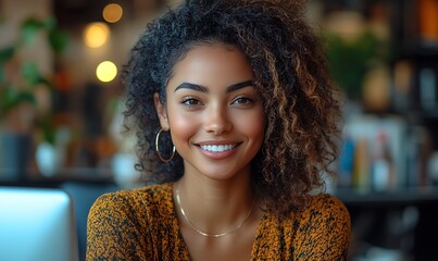  Inclusive image of happy blasian woman working on computer in creative agency office workplace. Young successful mixed race female businesswoman talking on client video call team meeting