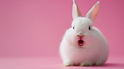 Canvas Print - A cute white rabbit with a surprised expression against a pink background.