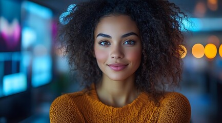  Inclusive image of happy blasian woman working on computer in creative agency office workplace. Young successful mixed race female businesswoman talking on client video call team meeting