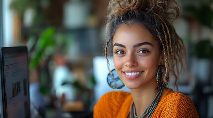  Inclusive image of happy blasian woman working on computer in creative agency office workplace. Young successful mixed race female businesswoman talking on client video call team meeting