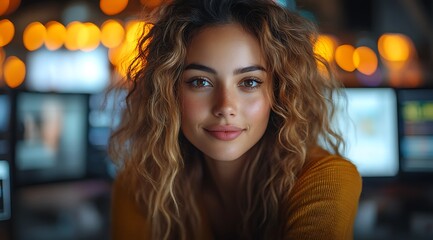  Inclusive image of happy blasian woman working on computer in creative agency office workplace. Young successful mixed race female businesswoman talking on client video call team meeting