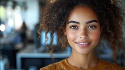 Sticker -  Inclusive image of happy blasian woman working on computer in creative agency office workplace. Young successful mixed race female businesswoman talking on client video call team meeting