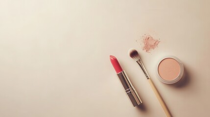 Poster - A minimalist display features a bright lipstick, soft makeup brushes, and loose powder, emphasizing essential beauty products clearly. Generative AI
