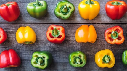 Bell pepper slices arranged in a colorful pattern, vegetables, food, food slices, vibrant, colorful, peppers