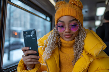 Sticker - A woman in a yellow coat is looking at her cell phone