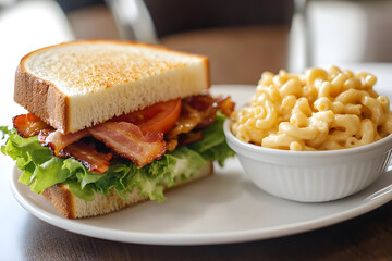 Wall Mural - A BLT sandwich with bacon, lettuce and tomato sits on a white plate next to a bowl of macaroni and cheese