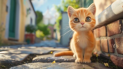 Poster - A cute orange kitten with big eyes sitting on a cobblestone path in a charming village setting.