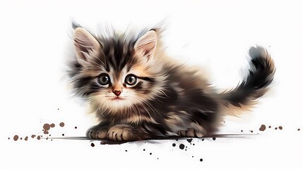 Wall Mural - A cute, fluffy kitten with large eyes, playfully posed against a white background.