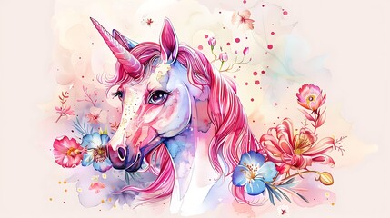 Canvas Print - A vibrant illustration of a unicorn surrounded by colorful flowers, showcasing fantasy and whimsy.